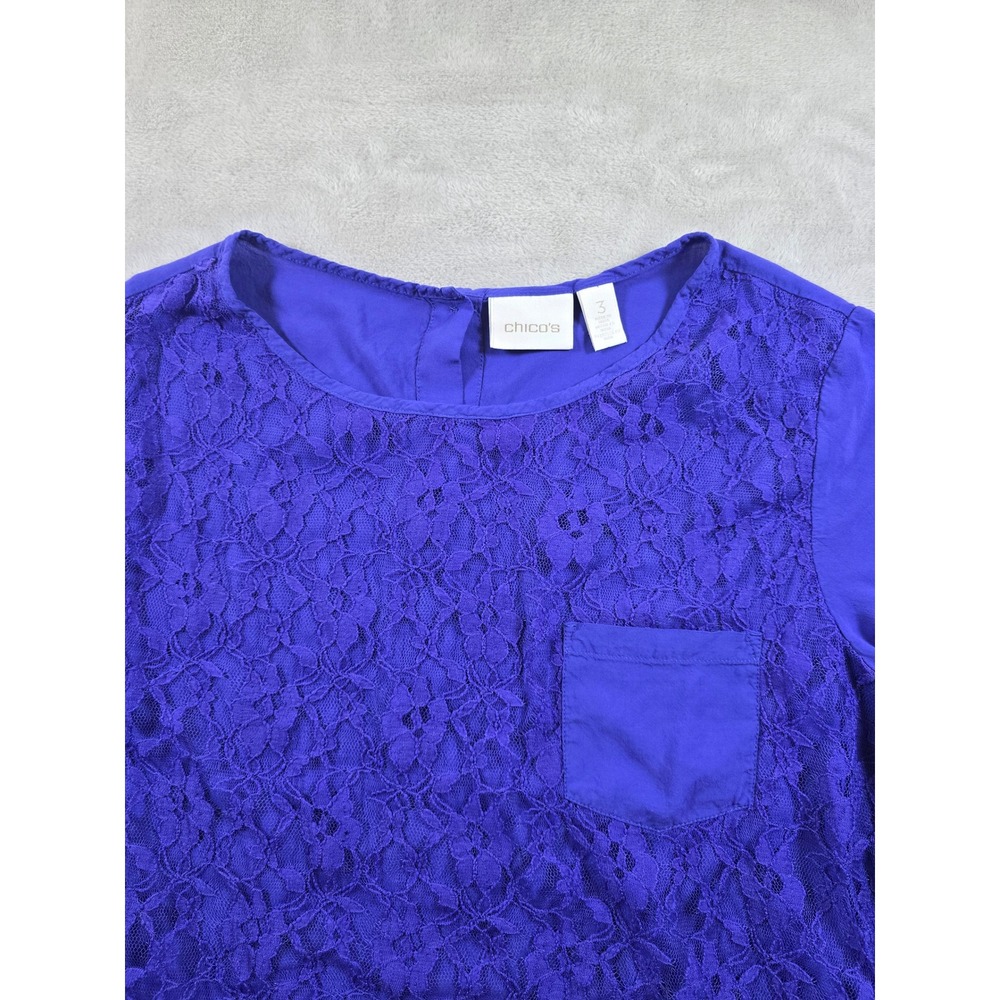 Chicos Top Blouse Womens‎ Size 3 Purple Lace Pocket Back Button Up